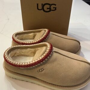 UGG Tan Suede Slippers with Red Trim